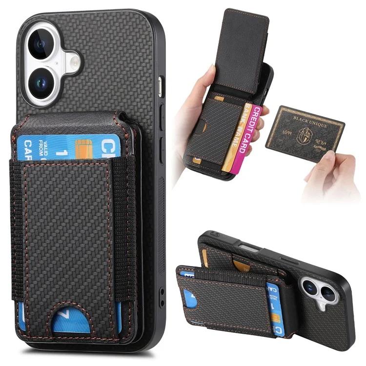 C1-12 For iPhone 16 Plus Case Card Holder Leather+PC+TPU Kickstand Phone Cover - Black