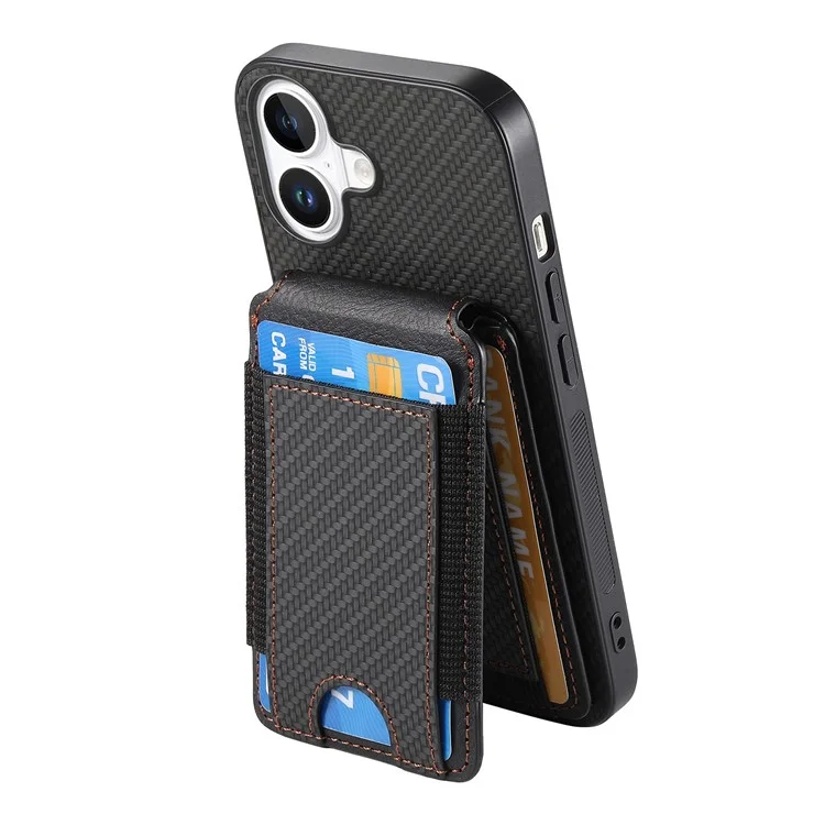 C1-12 For iPhone 16 Plus Case Card Holder Leather+PC+TPU Kickstand Phone Cover - Black