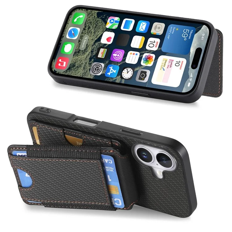 C1-12 For iPhone 16 Plus Case Card Holder Leather+PC+TPU Kickstand Phone Cover - Black
