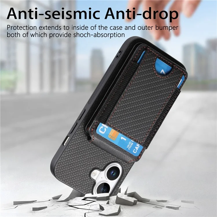 C1-12 For iPhone 16 Plus Case Card Holder Leather+PC+TPU Kickstand Phone Cover - Black