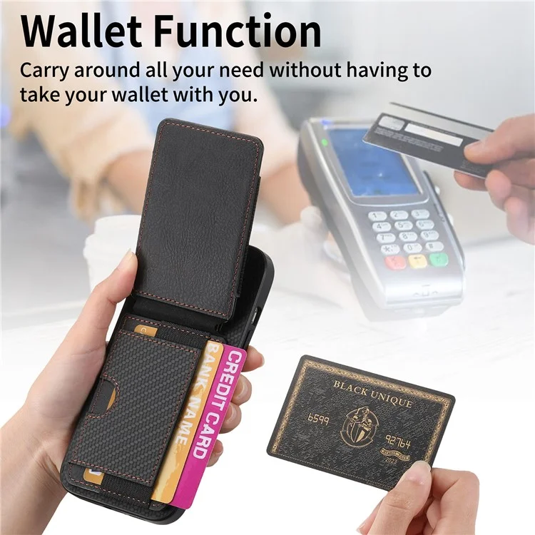 C1-12 For iPhone 16 Plus Case Card Holder Leather+PC+TPU Kickstand Phone Cover - Black