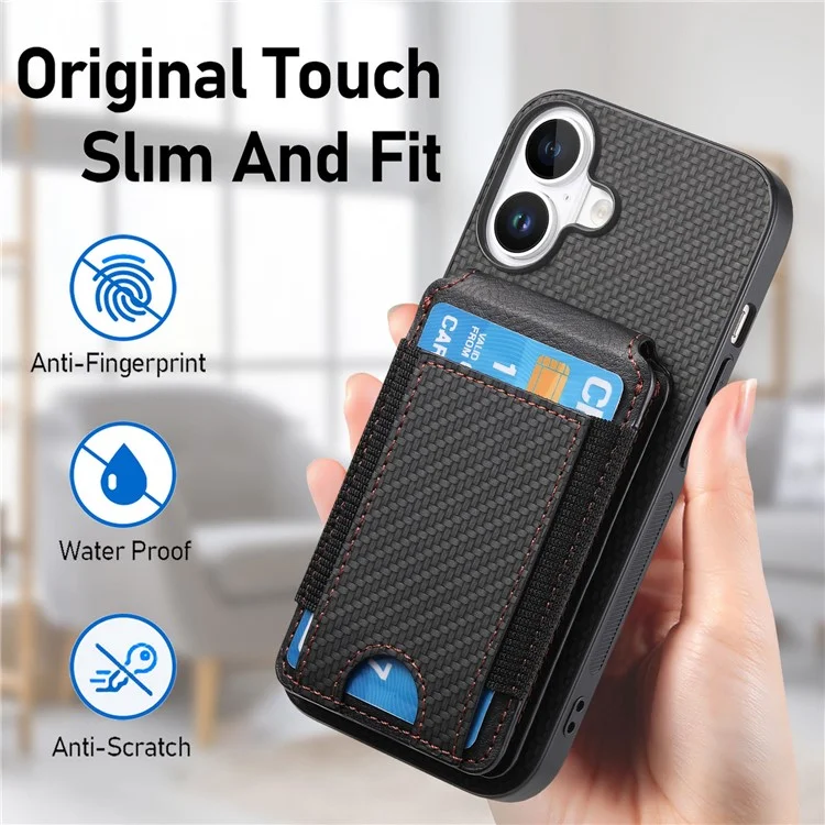 C1-12 For iPhone 16 Plus Case Card Holder Leather+PC+TPU Kickstand Phone Cover - Black