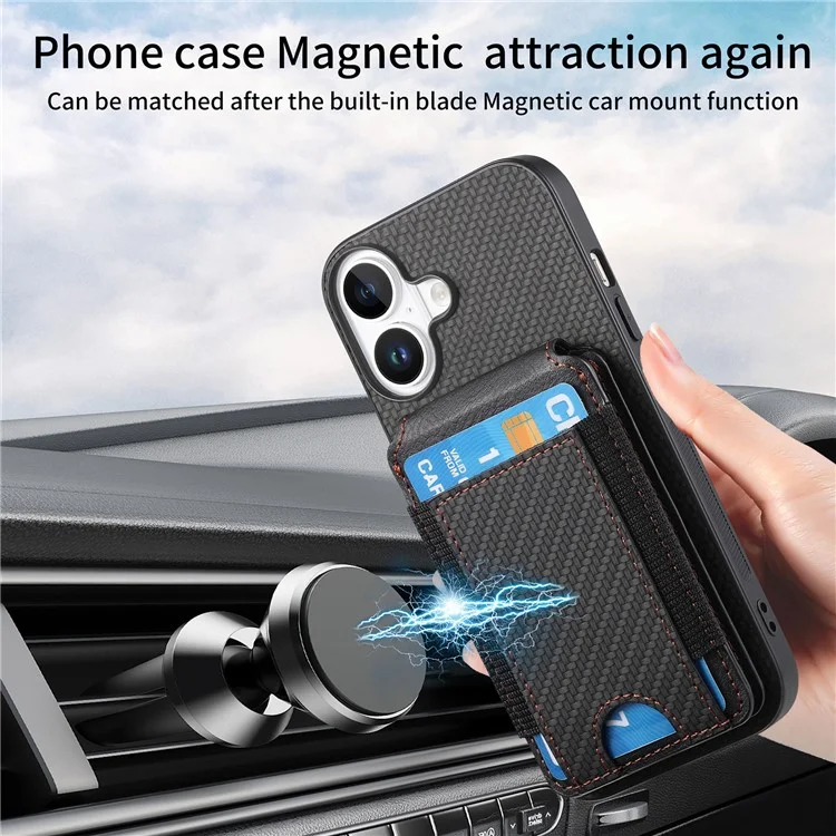 C1-12 For iPhone 16 Plus Case Card Holder Leather+PC+TPU Kickstand Phone Cover - Black