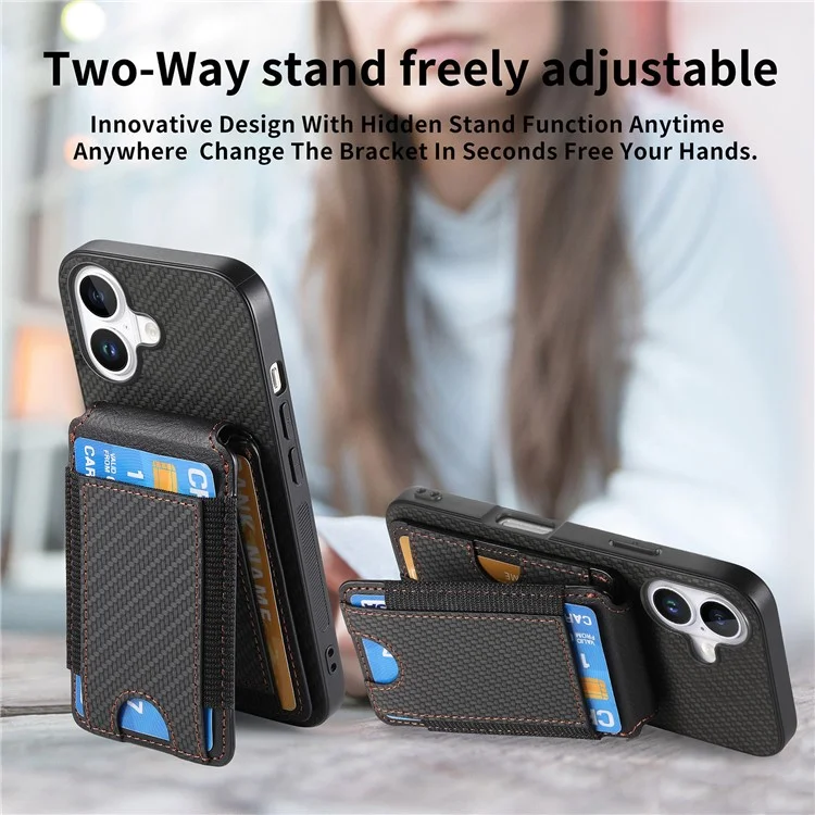C1-12 For iPhone 16 Plus Case Card Holder Leather+PC+TPU Kickstand Phone Cover - Black