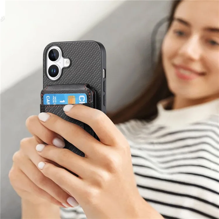 C1-12 For iPhone 16 Plus Case Card Holder Leather+PC+TPU Kickstand Phone Cover - Black
