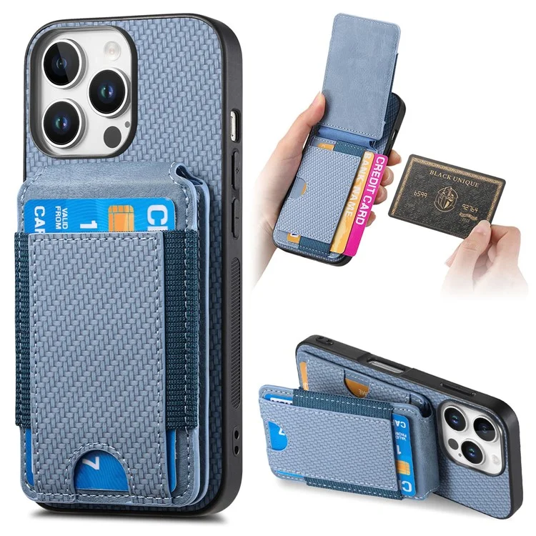 C1-12 For iPhone 16 Pro Case Card Holder Leather+PC+TPU Kickstand Phone Cover - Blue