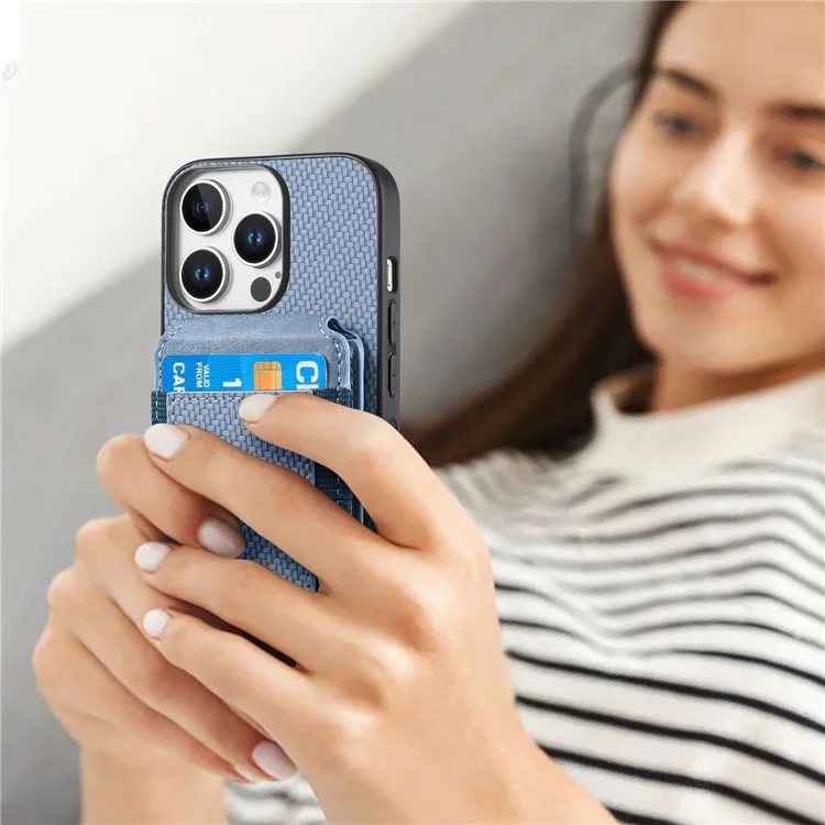 C1-12 For iPhone 16 Pro Case Card Holder Leather+PC+TPU Kickstand Phone Cover - Blue