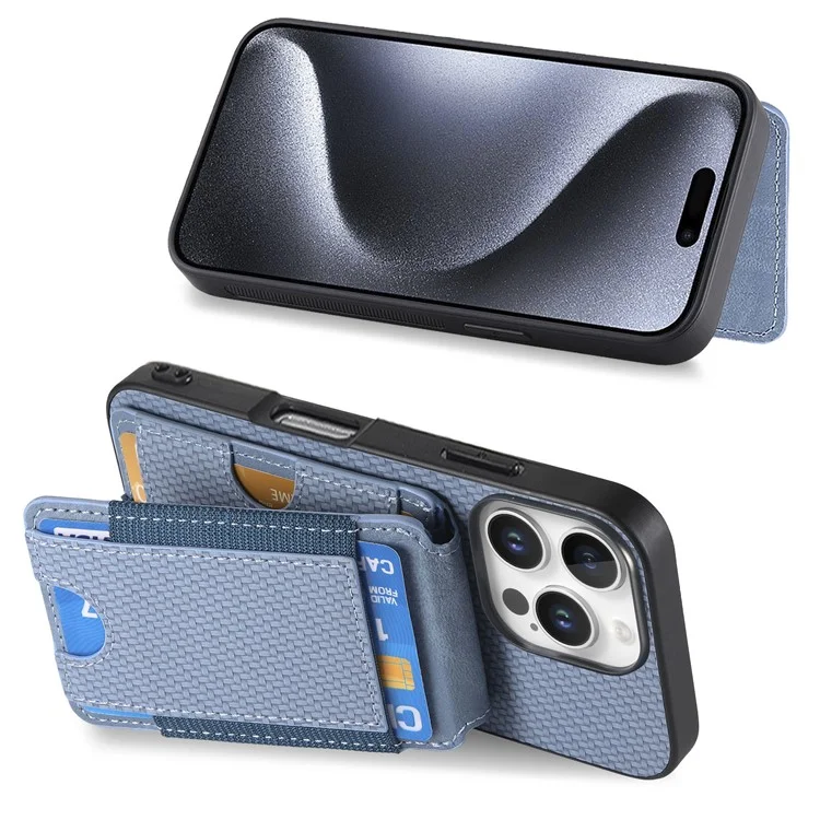 C1-12 For iPhone 16 Pro Case Card Holder Leather+PC+TPU Kickstand Phone Cover - Blue