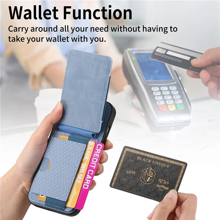 C1-12 For iPhone 16 Pro Case Card Holder Leather+PC+TPU Kickstand Phone Cover - Blue