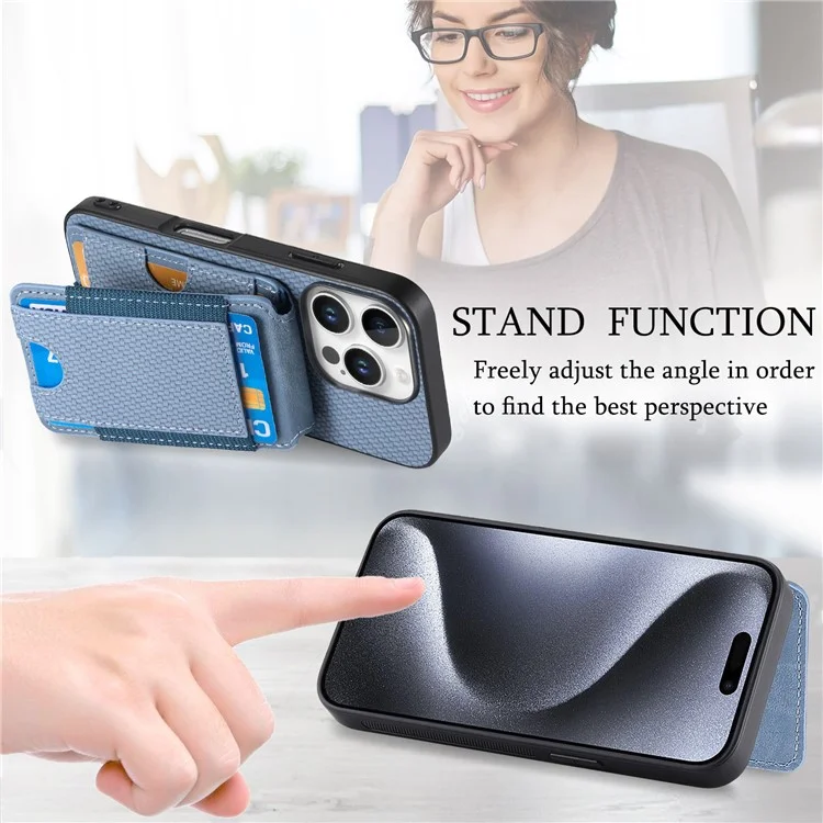C1-12 For iPhone 16 Pro Case Card Holder Leather+PC+TPU Kickstand Phone Cover - Blue