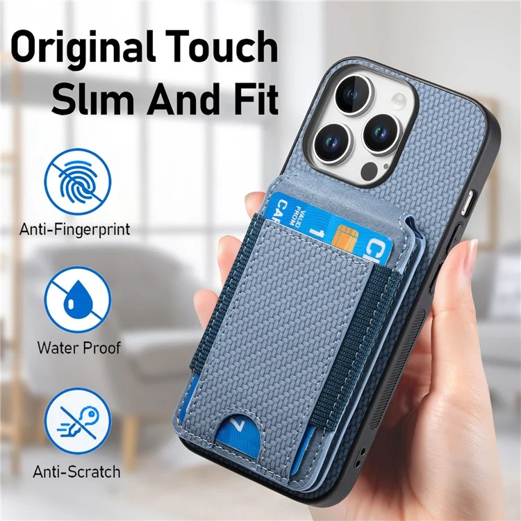 C1-12 For iPhone 16 Pro Case Card Holder Leather+PC+TPU Kickstand Phone Cover - Blue