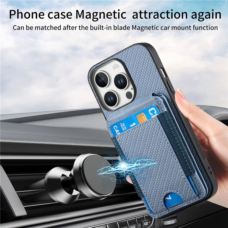 C1-12 For iPhone 16 Pro Case Card Holder Leather+PC+TPU Kickstand Phone Cover - Blue