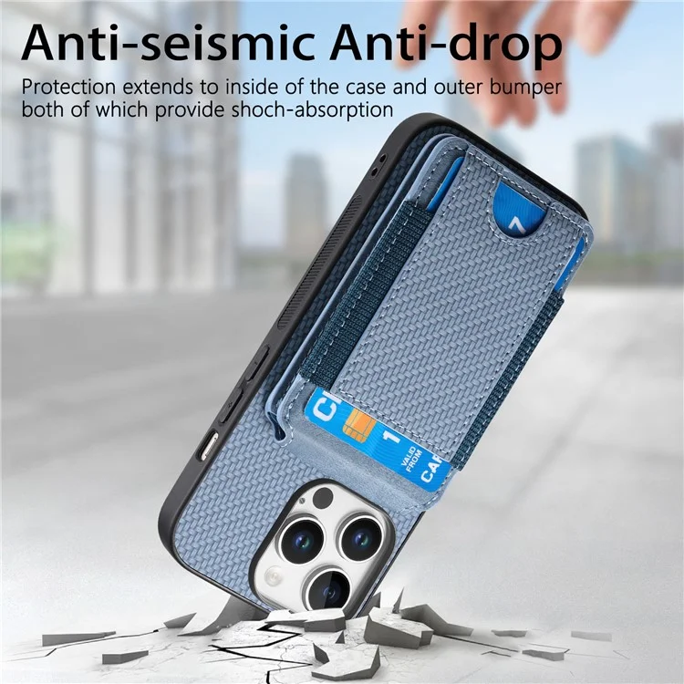 C1-12 For iPhone 16 Pro Case Card Holder Leather+PC+TPU Kickstand Phone Cover - Blue