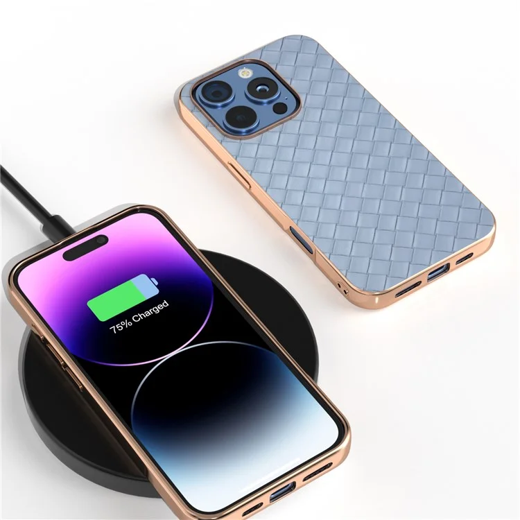 Para Iphone 16 Pro Max Case Textura Tejida Enterplatating Edge Cooled PC+TPU Telephip Cover - Azul Bebé