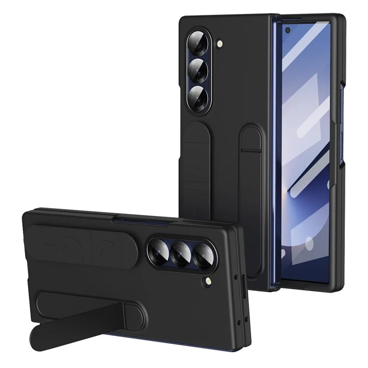 For Samsung Galaxy Z Fold5 5G Case with Tempered Glass Film Kickstand Wristband PC+Silicone Phone Cover - Black
