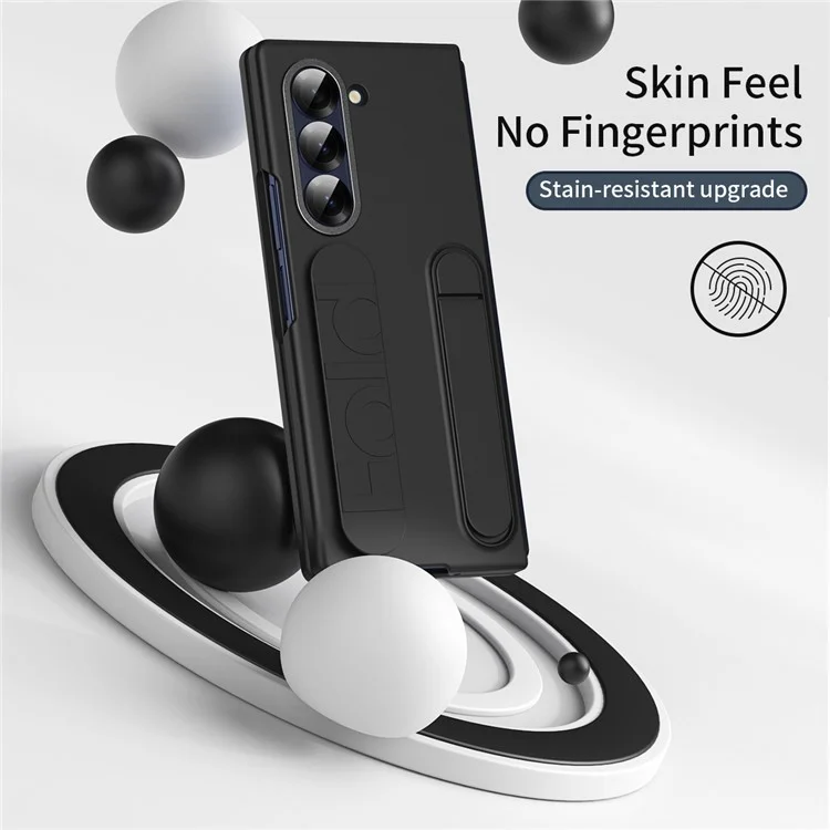 For Samsung Galaxy Z Fold5 5G Case with Tempered Glass Film Kickstand Wristband PC+Silicone Phone Cover - Black