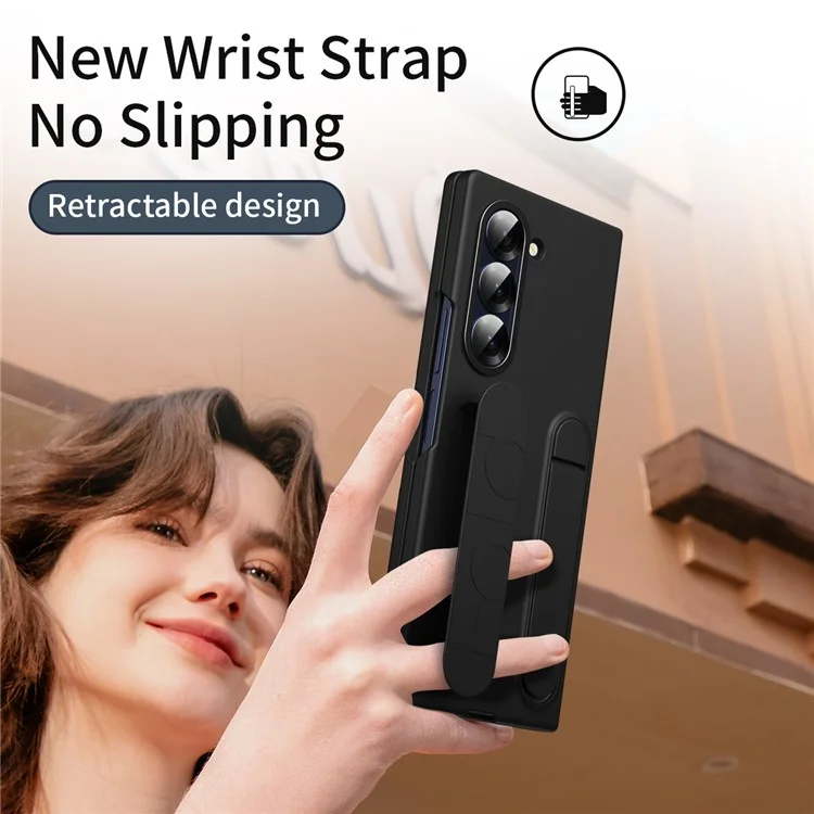 For Samsung Galaxy Z Fold5 5G Case with Tempered Glass Film Kickstand Wristband PC+Silicone Phone Cover - Black