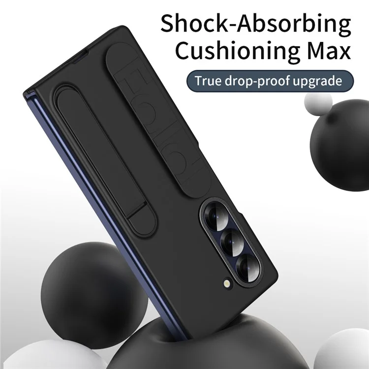 For Samsung Galaxy Z Fold5 5G Case with Tempered Glass Film Kickstand Wristband PC+Silicone Phone Cover - Black