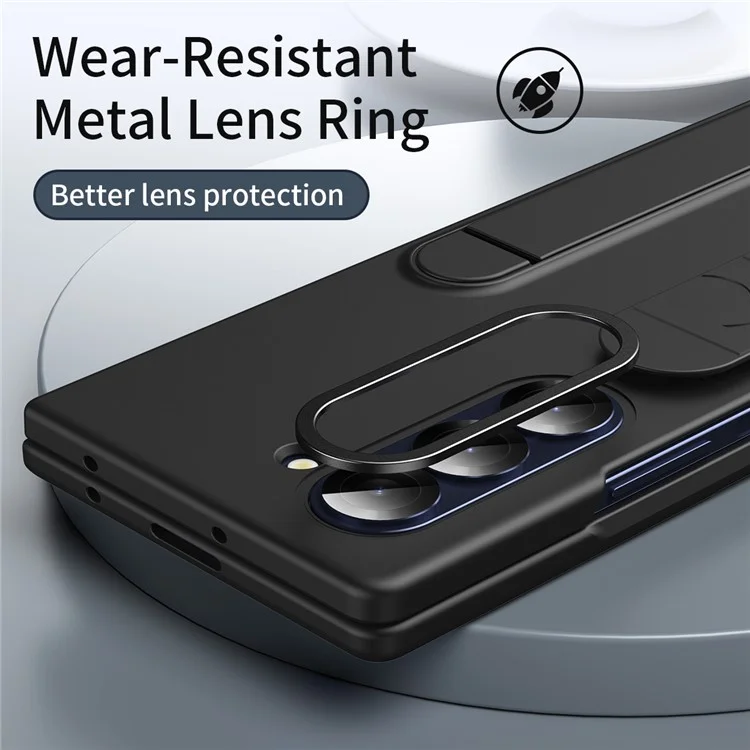 For Samsung Galaxy Z Fold5 5G Case with Tempered Glass Film Kickstand Wristband PC+Silicone Phone Cover - Black