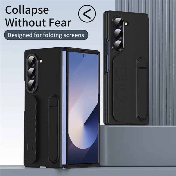 For Samsung Galaxy Z Fold5 5G Case with Tempered Glass Film Kickstand Wristband PC+Silicone Phone Cover - Black