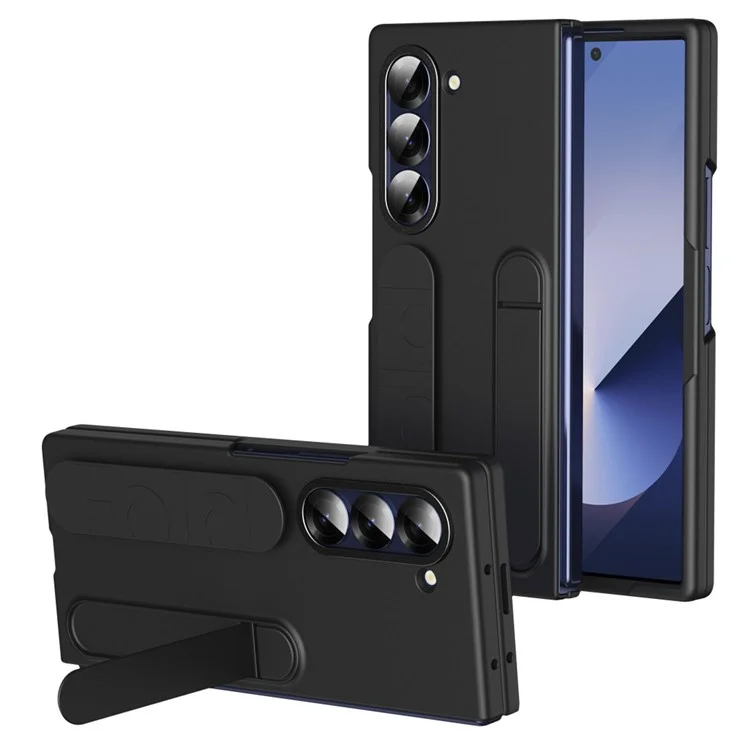 For Samsung Galaxy Z Fold6 5G Case with Tempered Glass Film Kickstand Wristband PC+Silicone Phone Cover - Black