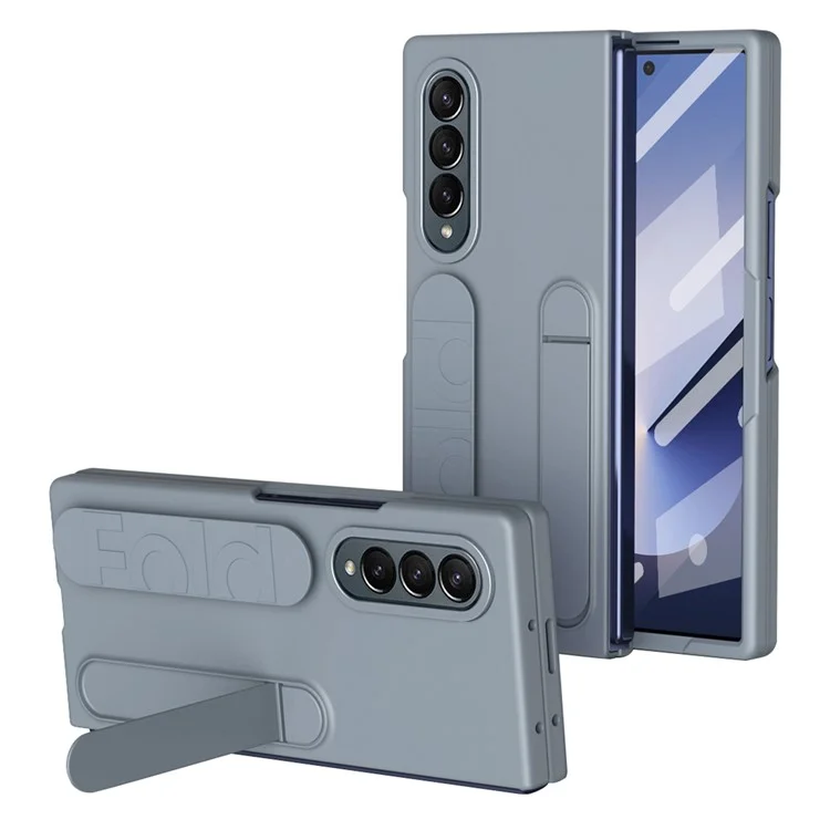 For Samsung Galaxy Z Fold4 5G Case with Tempered Glass Film Kickstand Wristband PC+Silicone Phone Cover - Grey