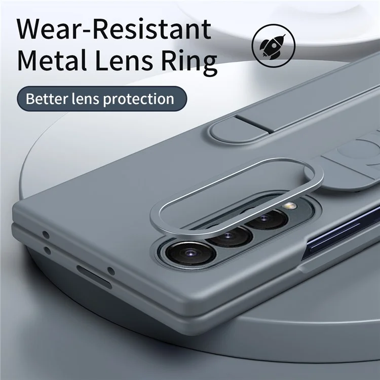 For Samsung Galaxy Z Fold4 5G Case with Tempered Glass Film Kickstand Wristband PC+Silicone Phone Cover - Grey