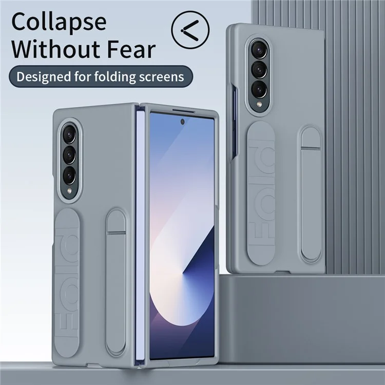 For Samsung Galaxy Z Fold4 5G Case with Tempered Glass Film Kickstand Wristband PC+Silicone Phone Cover - Grey