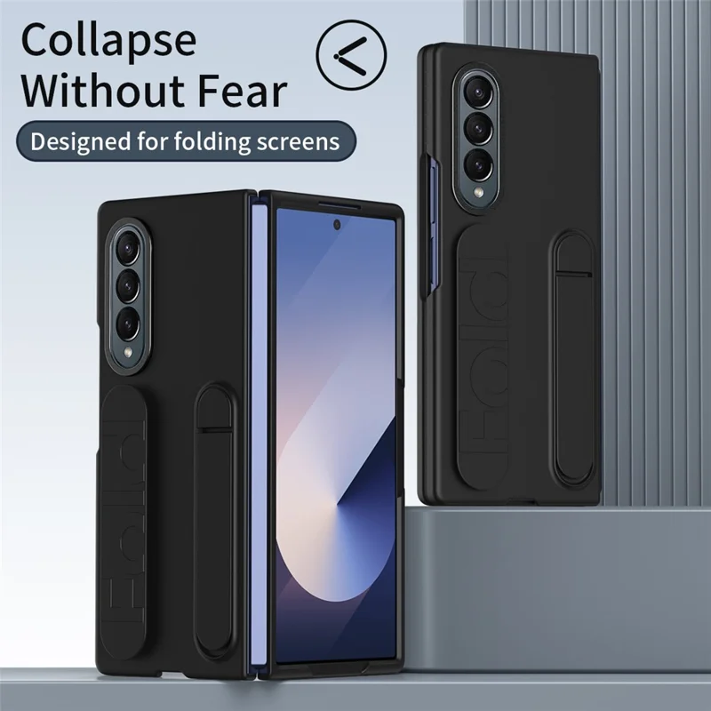 For Samsung Galaxy Z Fold3 5G Case Kickstand Wristband PC+Silicone Phone Cover - Black
