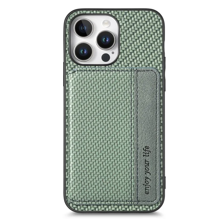 C1-02 Para iPhone 16 Pro Case RFID Blocking Card Holder Carbon Fiber Leather+PC+TPU Phone Cover - Verde