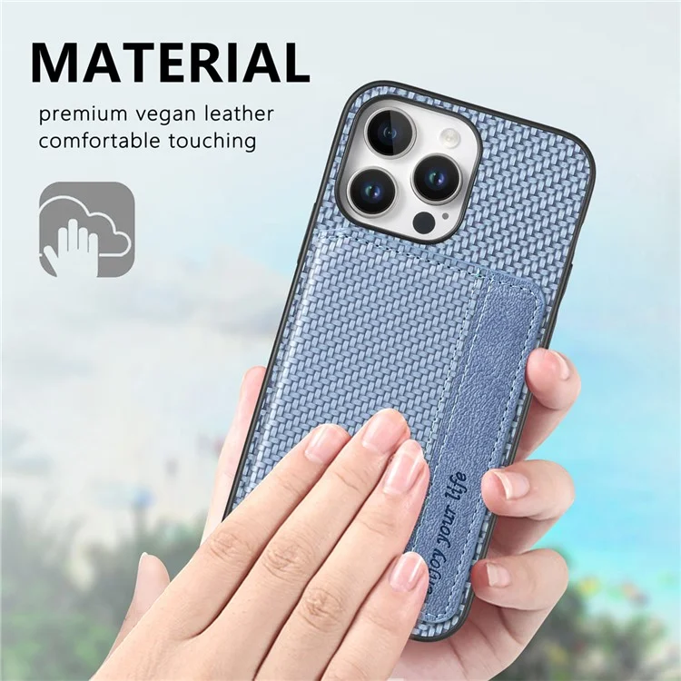 C1-02 Para iPhone 16 Pro Case RFID Blocking Card Holder Carbon Fiber Leather+PC+TPU Phone Cover - Verde