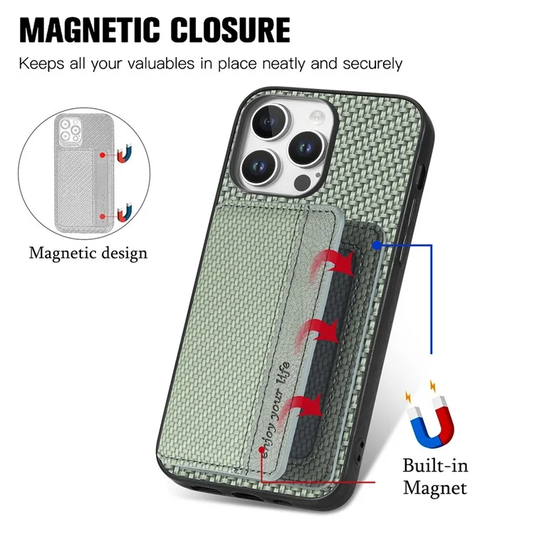 C1-02 Para iPhone 16 Pro Case RFID Blocking Card Holder Carbon Fiber Leather+PC+TPU Phone Cover - Verde