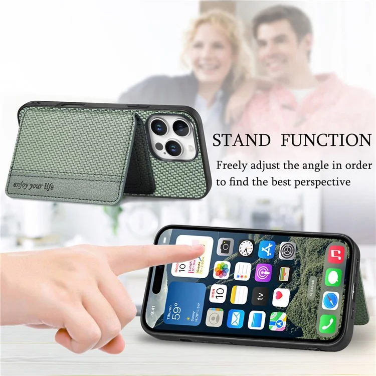 C1-02 Para iPhone 16 Pro Case RFID Blocking Card Holder Carbon Fiber Leather+PC+TPU Phone Cover - Verde