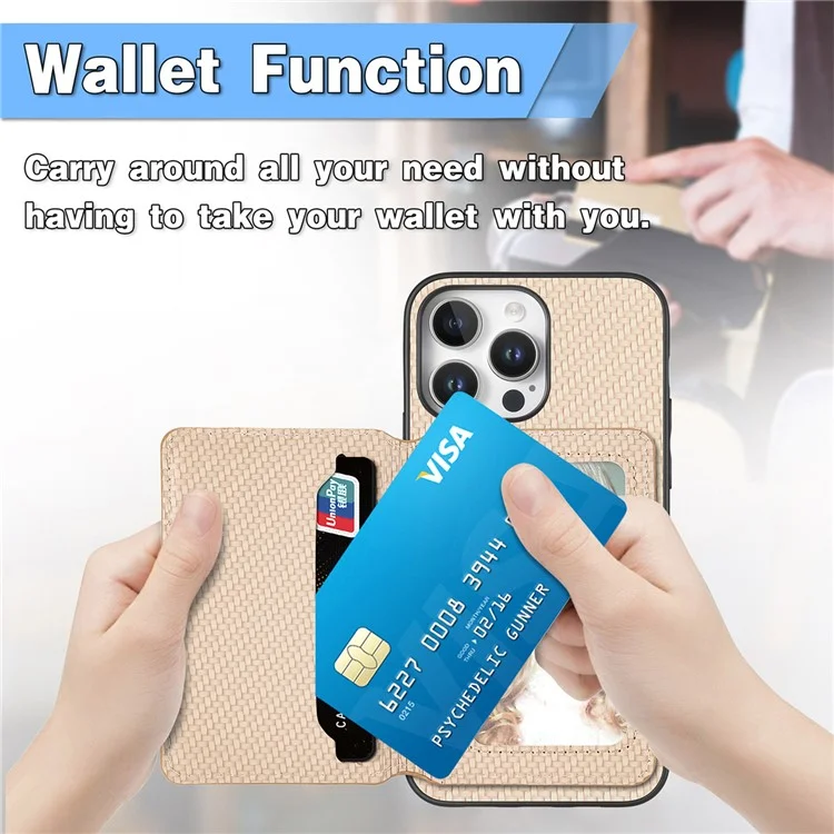 C1-02 Para iPhone 16 Pro Case RFID Blocking Card Holder Carbon Fiber Leather+PC+TPU Phone Cover - Verde