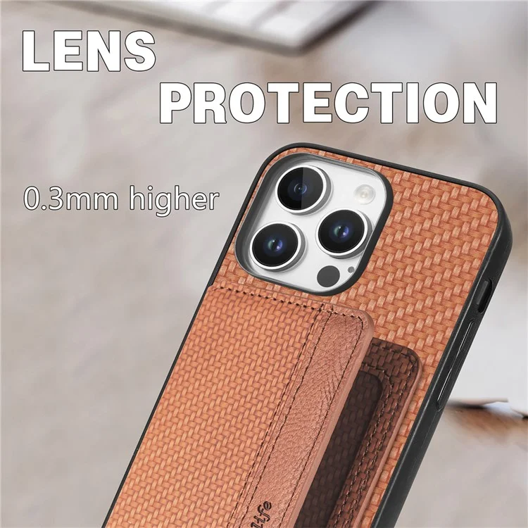 C1-02 Para iPhone 16 Pro Case RFID Blocking Card Holder Carbon Fiber Leather+PC+TPU Phone Cover - Verde
