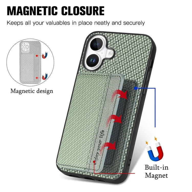 C1-02 Per Iphone 16 Plus Case RFID Blolocking Card Pull in Fibra in Fibra di Carbonio+pc+copertina Telefonica Tpu - Verde