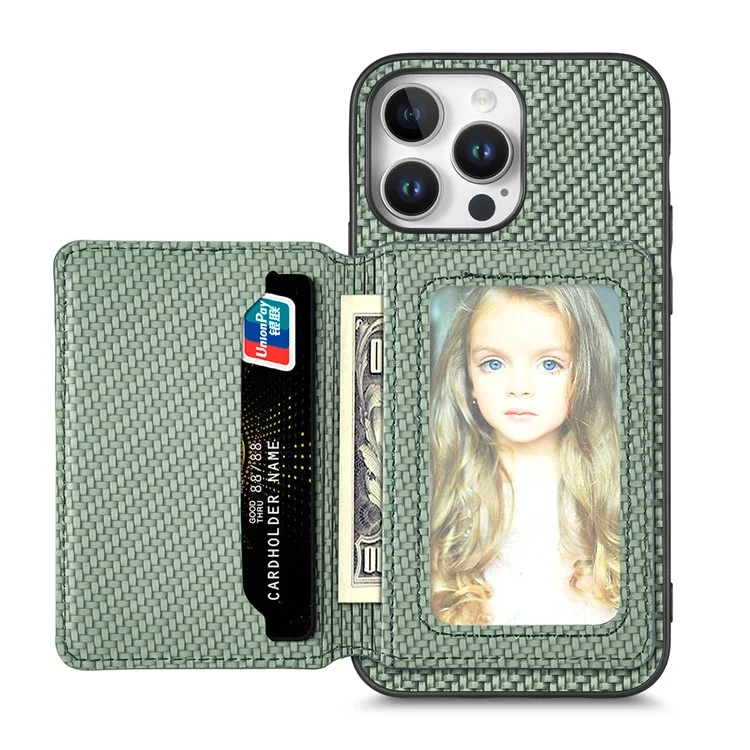 Чехол C1-02 для iPhone 16 Pro Max с держателем для карт RFID, карбоновое волокно, кожа+ПК+ТПУ - зеленый