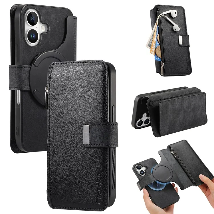 Caseneo MW-02 Para Iphone 16 Plus Caso de Couro Destacável Tampa de Telefone Magnético - Preto
