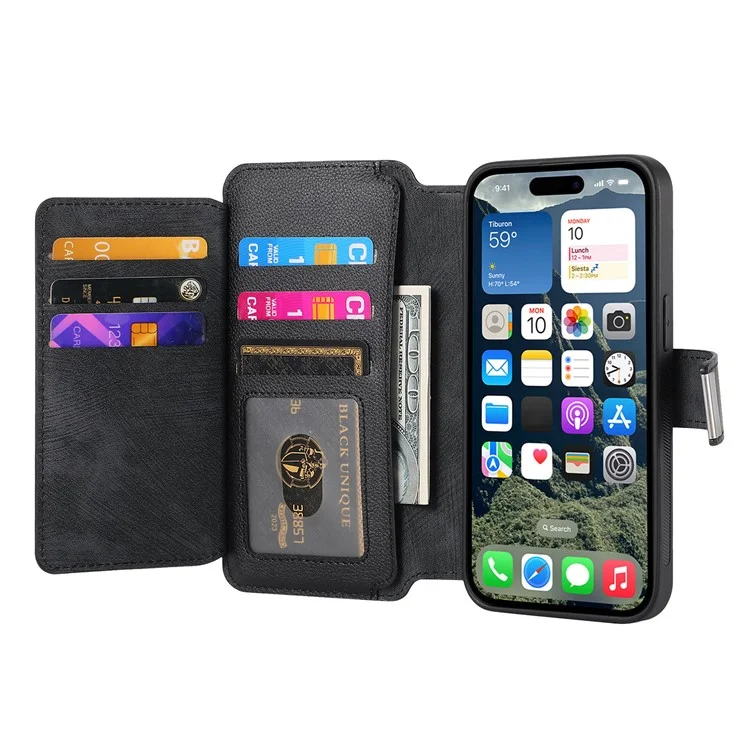 Caseneo MW-02 Para Iphone 16 Plus Caso de Couro Destacável Tampa de Telefone Magnético - Preto