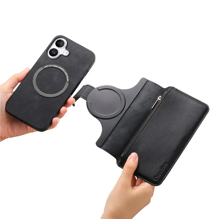 Caseneo MW-02 Para Iphone 16 Plus Caso de Couro Destacável Tampa de Telefone Magnético - Preto
