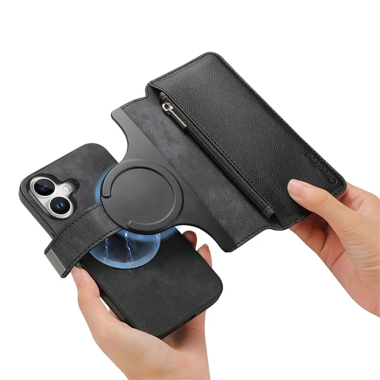 Caseneo MW-02 Para Iphone 16 Plus Caso de Couro Destacável Tampa de Telefone Magnético - Preto