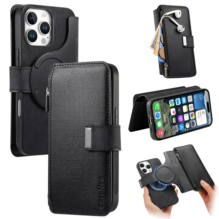 CASENEO MW-02 For iPhone 16 Pro Max Leather Case Detachable Magnetic Phone Cover - Black