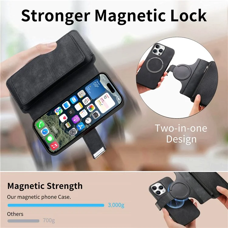 CASENEO MW-02 For iPhone 16 Pro Max Leather Case Detachable Magnetic Phone Cover - Black