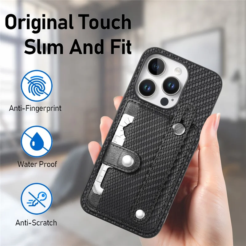 C1-01 For iPhone 16 Pro Max Case Wristband Anti-Drop Leather Back Cover with Card Holder, Card Knife - Black