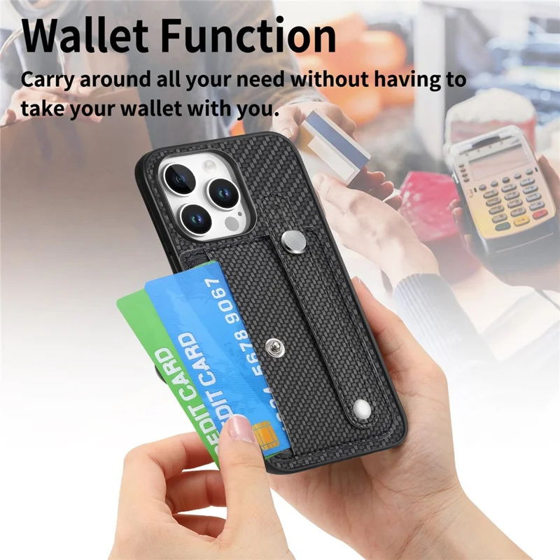 C1-01 For iPhone 16 Pro Max Case Wristband Anti-Drop Leather Back Cover with Card Holder, Card Knife - Black