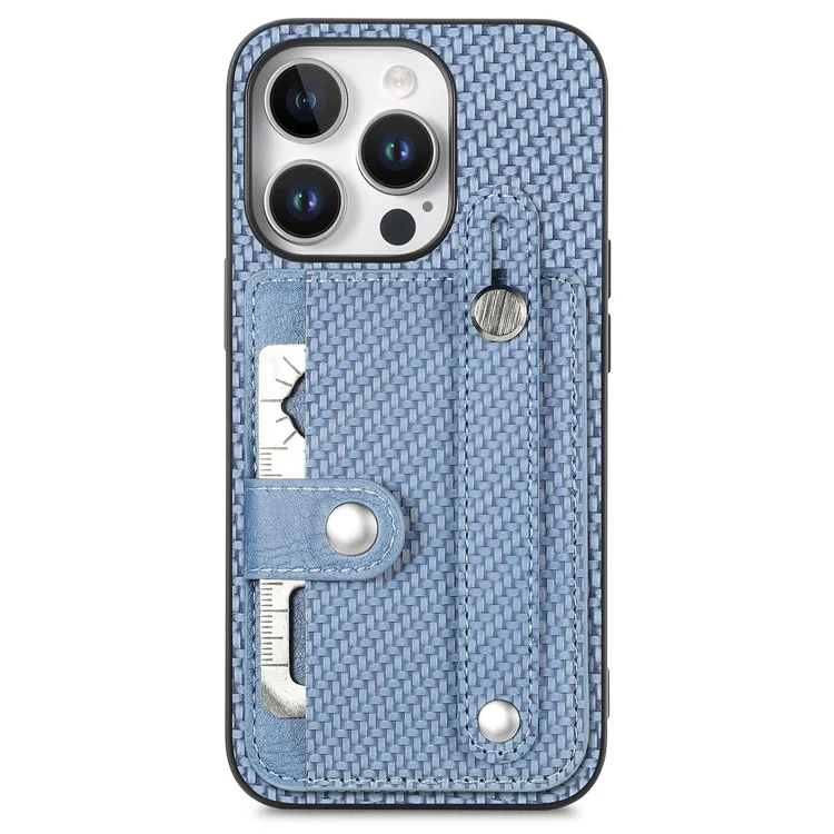 C1-01 For iPhone 16 Pro Max Case Wristband Anti-Drop Leather Back Cover with Card Holder, Card Knife - Blue