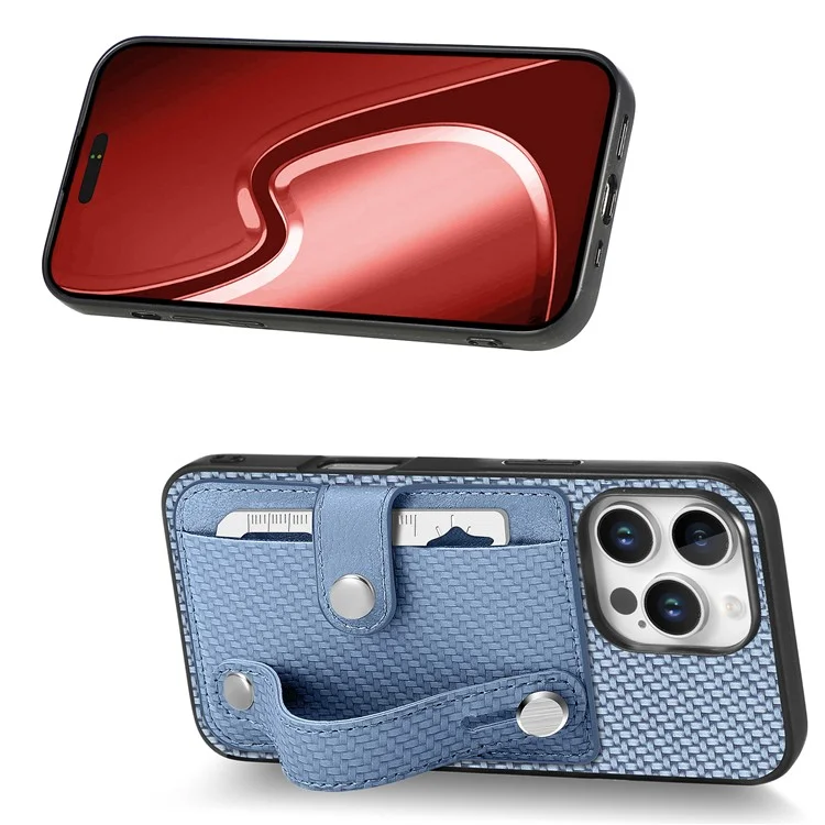C1-01 For iPhone 16 Pro Max Case Wristband Anti-Drop Leather Back Cover with Card Holder, Card Knife - Blue