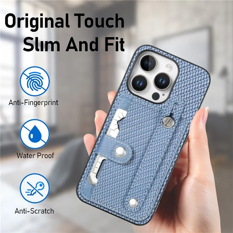 C1-01 For iPhone 16 Pro Max Case Wristband Anti-Drop Leather Back Cover with Card Holder, Card Knife - Blue