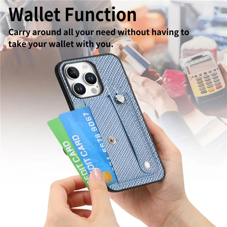 C1-01 For iPhone 16 Pro Max Case Wristband Anti-Drop Leather Back Cover with Card Holder, Card Knife - Blue