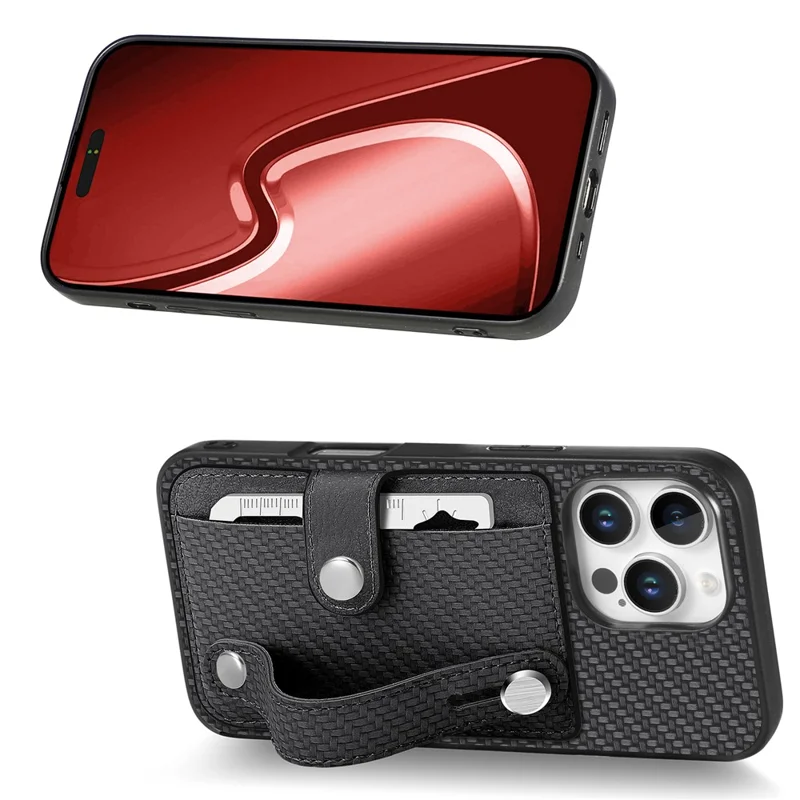 C1-01 For iPhone 16 Pro Case Wristband Anti-Drop Leather Back Cover with Card Holder, Card Knife - Black